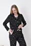 Women's 100% Cotton Fabric Long Sleeve Shirt Collar Pajama Set / Ecru - Black 19084 - 5
