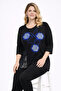 Women's Plus Size Black-Sax, Low Sleeve, Printed, Crew Neck Viscose Blouse 65N39349 - 3