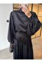 Tie-Up Satin Blouse with Belt and Shalwar Pants Set Black - 4