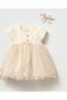 Pearl Buttoned Lace Luxury Dress and Bandana for Baby Girl 100% Cotton Special Occasion - 6