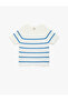 Viscose Blended Short Sleeve Crew Neck Striped Knit Sweater
