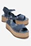 Serez Denim Blue Suede Genuine Leather Women's Straw Wedge Sandals