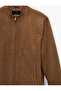 Long Sleeve Stand Collar Pocket Zipper Slim Fit Brown Faux Suede Bomber Jacket - 5