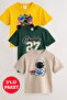 Astronaut and Dinosaur Printed 3-Pack Unisex Yellow-Green-Beige Children's T-Shirts