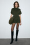 Maxine Women's Pleated Detailed Stand Collar Zippered Short Sleeve Mini Khaki Dress with Pleated Details on the Shoulder and Waist