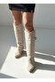Beige Suede Troc Detailed Stylish Long Zipperless Boots with Leg-Enhancing Appearance - 3