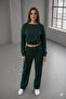 3-Thread Fleece Detailed Front Stitching Striped Wide Leg Green Women's Sweatpants - 2