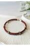 Zircon Stone Gold Detailed Braided Leather Bracelet Claret Red - 3