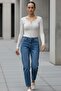 Women's Beige V-Neck Buttoned Long Sleeve Basic Slim Fit Blouse – Women's Blouse - 2