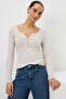 Women's Beige V-Neck Buttoned Long Sleeve Basic Slim Fit Blouse – Women's Blouse - 3