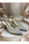 Women's Stoned Mesh Detailed Slingback Mid-Heeled Shoes Stylish and Comfortable Evening Dress Model
