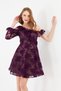 Purple Lace Mini Evening Dress |   One-Shoulder Flounce, Long Sleeve, Invitation & Graduation Dress