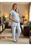 New Season Blue Short Sleeve Summer Maternity and Postpartum Pajama Set with Easy Breastfeeding Feature - 8