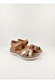 Inside and Outside, Genuine Leather Padding Sole, Tan Gold Detailed Women's Velcro Sandals - 2