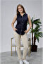 Navy Blue Cotton Satin Lycra Patterned Fabric Detailed Zero Sleeve Slim Fit Women's Shirt - 6
