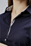 Navy Blue Cotton Satin Lycra Patterned Fabric Detailed Zero Sleeve Slim Fit Women's Shirt - 3