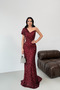 Burgundy One-Shoulder Detailed Sequined Evening Dress