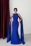Cobalt Blue Stone Striped Cape Long Evening Dress Ebise