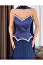 Navy Blue Heart Neckline Stone Embroidered Shawl Detailed Skirt Pleated Evening Dress - 4