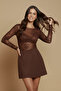 Women's Flocked Printed Long Sleeve Crew Neck Transparent Blouse - 4