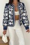 Women's Navy Blue White Floral Embroidered Ribbed Linen Seasonal Jacket