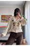 Women's Ecru Floral Embroidered Openwork Knit Body Balloon Sleeve Buttoned Bohemian Blouse - 4