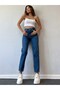 Mom Jeans Dark Blue Mom High Waist Denim Trousers Lycra Colorfast Extra Comfortable - 3
