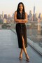 Women's Front Zip-Up Shirt Collar Sleeveless Midi Length Slit Dress - 3