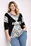 Women's Plus Size Black, Crew Neck, Low Sleeve, Print Detailed Viscose Tunic 65N39398 - 4