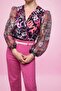 Love and Heart Graffiti Printed Organza Long Sleeve Low-Cut Bodysuit with Snap Buttons at the Bottom - 4