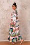 White Flounce Sleeve Front Button Skirt Layered Tropical Print Long Dress - 6
