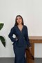 Women's Navy Blue Denim Raw Set - V-Neck Peplum Jacket and Full-Length Mermaid Skirt Set - 5