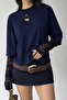 navy oversized t-shirt lace-sleeved round-neck top - 3