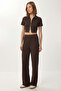 Zippered Crop Modal Top and Bottom Set Lby0047 Brown