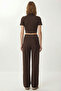 Zippered Crop Modal Top and Bottom Set Lby0047 Brown - 4