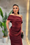 Double Fabric Single Sleeve Pencil Dress - Bordo - 3