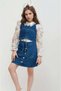 Girl's Detachable Stone Detailed Collar Sleeves Lace and Transparent Tulle Blouse and Jean Skirt Set - 5