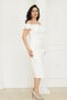 Double Organza Floral Detailed Pencil Long Dress - White - 7