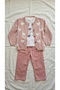Girl's Heart Patterned Knitwear Cardigan, Bodysuit and Canvas Trousers Three-Piece Set
