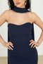 Atlas Fabric Strapless Evening Dress with Shawl Detail - Dark Blue - 2