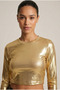 Women's Gold Color Metallic Leather Look Crew Neck Crop Blouse Nj84