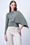 Khaki Single Sleeve Fixed Shawl Design Knitted Crop Blouse Alc-X15041 - 3