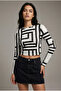 Women's Black-White Crew Neck Patterned Crop Blouse Nj74