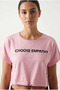 Women's Pink Elastic Waist and Printed Crop T-Shirt Nj82