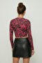 Women's Fuchsia Crew Neck Patterned Crop Blouse Nj74 - 4