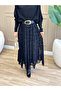 Women's Black Flocked Printed Floral Patterned Tulle Lined Seasonal Long Skirt - 4