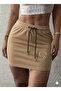 Women's Tan Color Elastic Waistband Heart Printed 2 Thread Fabric Mini Skirt Length 45 cm - 2