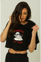 Trend Mix Mixed Printed Hooded Short Sleeve Women's Black Crop Tshirt - 2