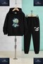 Children's Unisex Teddy Bear Patched Turquoise Needle-Punched 3-Piece Hooded Tracksuit Set - 2