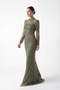 Women's Khaki Long Sleeve Mock Neck Rhinestone Special Design Evening Dress